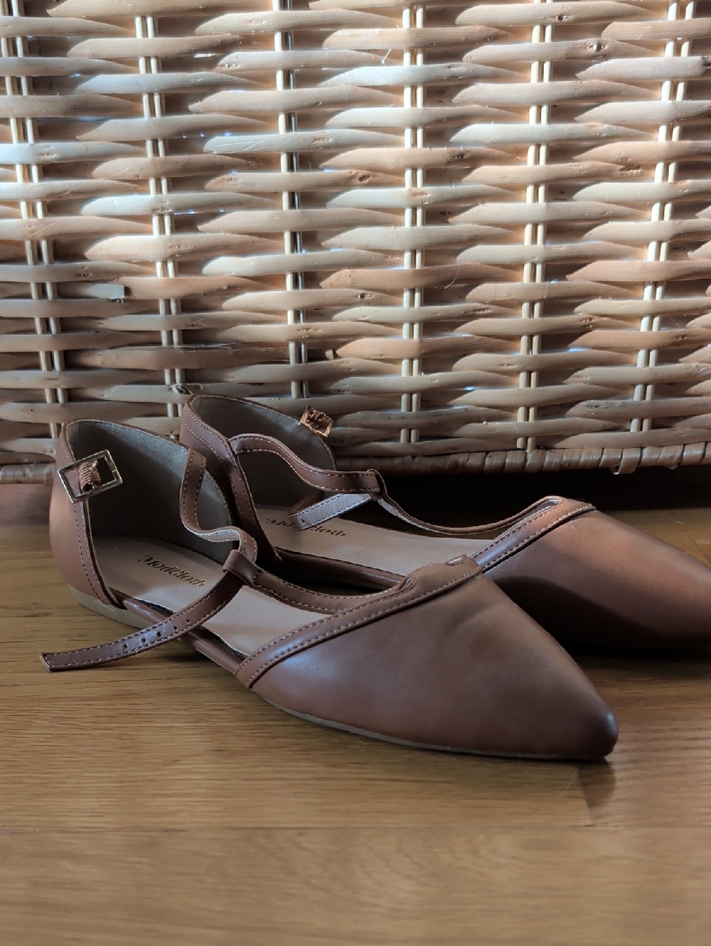 Modcloth Pointed T‑Strap Flats in Brown with Gold Buckle